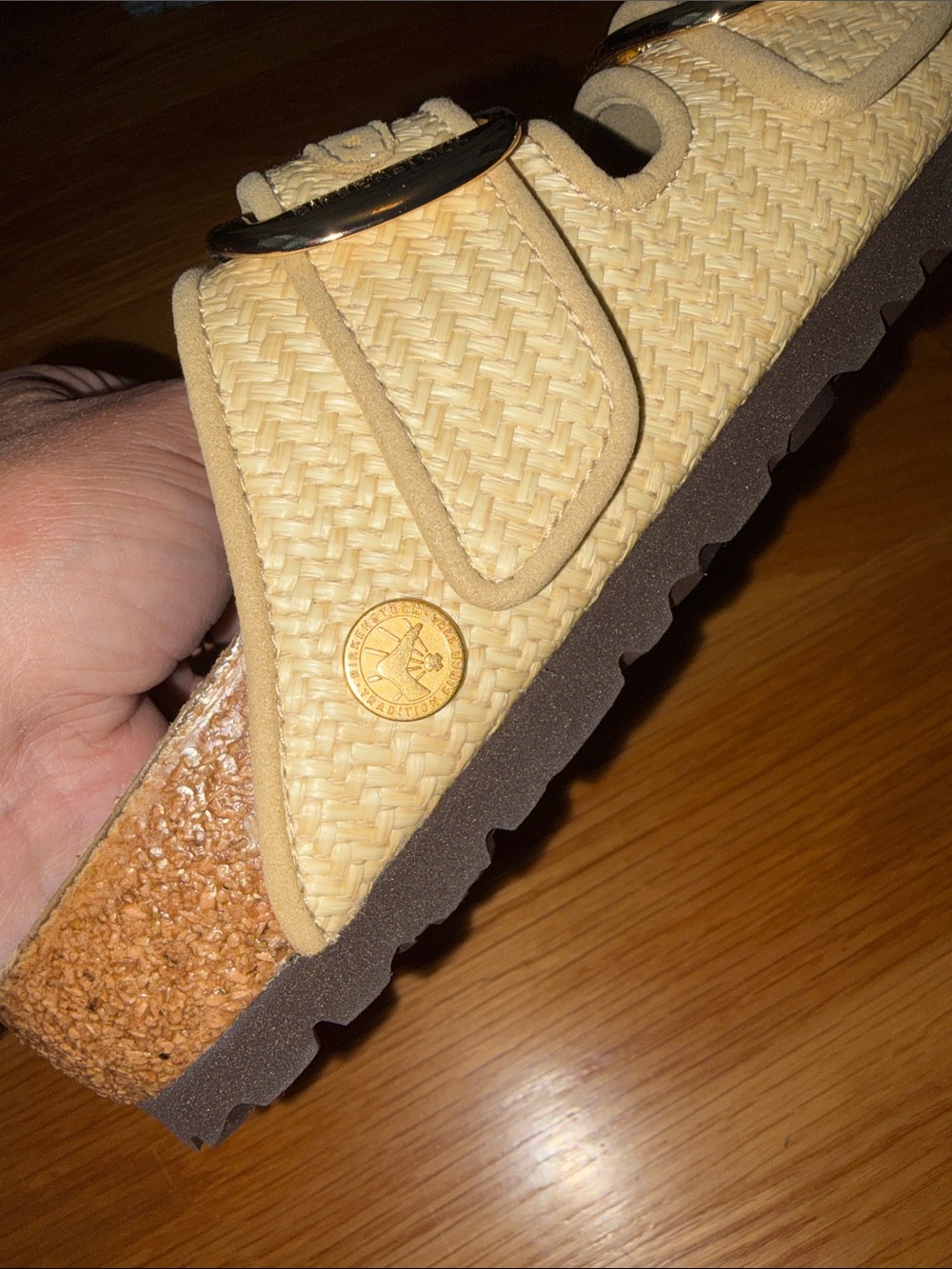 Birkenstock Cream Woven Double-Buckle Sandals with Gold Buckles - Picture 5 of 6